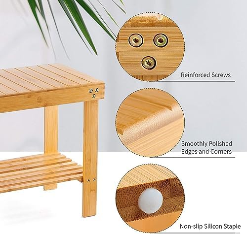 VaeFae Bamboo Shower Bench, Spa Bench Seat Stool, Foot Rest Shaving Stool with Non-Slip Feets and Storage Shelf, Works in Bathroom/Living Room/Bedroom/Garden Leisure - Image 4