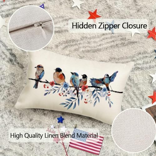 RABUSOFA 4th of July Memorial Day Patriotic Lumbar Throw Pillow Cover,12x20 Inch Red White and Blue Birds Flowers Independence Day American Fourth of July Decoration for Sofa Couch - Image 7