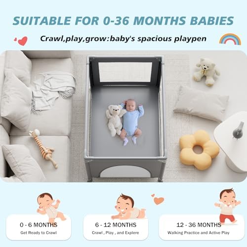 Portable Baby Playard& Playpen with Mattress, Travel Crib, Grey - Image 3