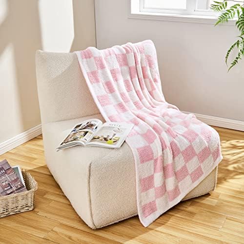 CozeCube Pink White Reversible Checkered Knit Throw Blanket 60"x80" - Image 6