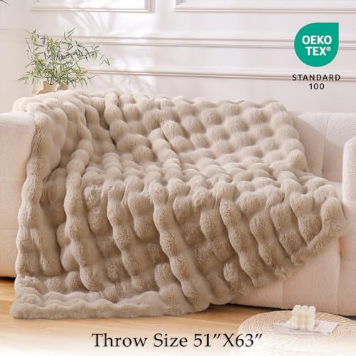 BENVWE Faux Fur Throw Blanket for Couch - Cozy Fuzzy Soft Plush Fluffy Thick Luxury Minky Bubble Blanket for Living Room Home Decor- Mothers Day Birthday Gifts for Women, Beige, 51" x 63" - Image 2