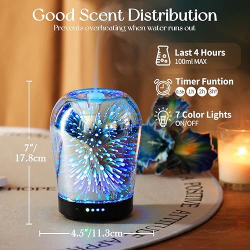 Porseme Essential Oil Diffuser, Aromatherapy Ultrasonic Cool Mist Humidifier, 3D Effect Glass, Auto Shut-Off, Timer Setting,100ml Aroma Decoration for Home, Office, Gym, Spa, Premium Gift - Image 3