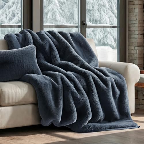 EVERGRACEHOME Faux Chinchilla Fur Throw Blanket, 50"x60", Stormy Blue Mink by EVERGRACE