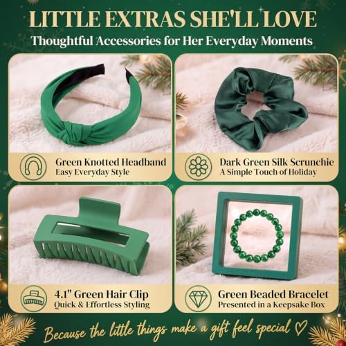 Willinglong 11 Pcs Christmas Basket Gifts for Women- Green Xmas Gift Set with Candle Basket Blanket Mug Scrunchie Headband Socks Bracelet Hair Claw Eye Mask Greeting Card for Mom Wife Teacher - Image 4
