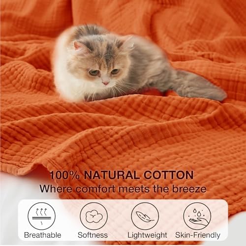 100% Cotton Muslin Blanket Twin 60" x 80", Breathable and Lightweight Cotton Twin Blankets for Couch, Soft Cooling Summer Gauze Blanket for Adults All Season, Burnt Orange - Image 2