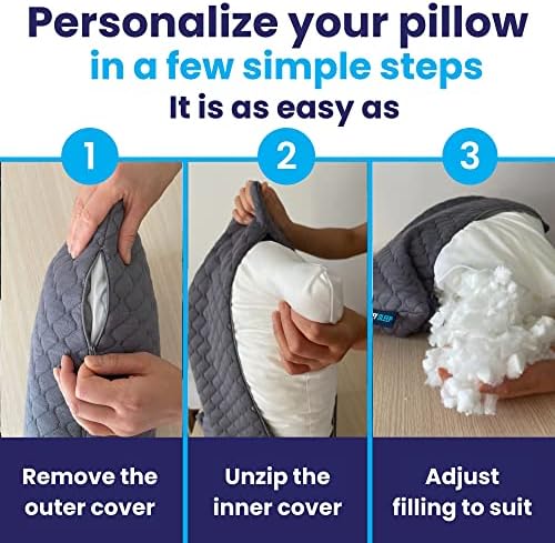 Sidney Sleep Set of 2 Queen Size Bed Pillows for Side and Back Sleepers - Adjustable Filling - Memory Foam Pillows for Neck and Shoulder Pain - Customizable Loft - Extra Foam Included (Grey) - Image 3