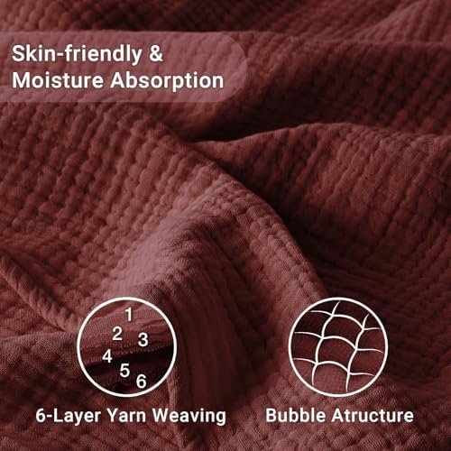 100% Cotton Muslin Blanket Twin 66" x 90", 6 Layers Breathable and Lightweight Cotton Blankets for Couch, Soft Cooling Summer Gauze Blanket for Adults All Season, Burgundy - Image 4