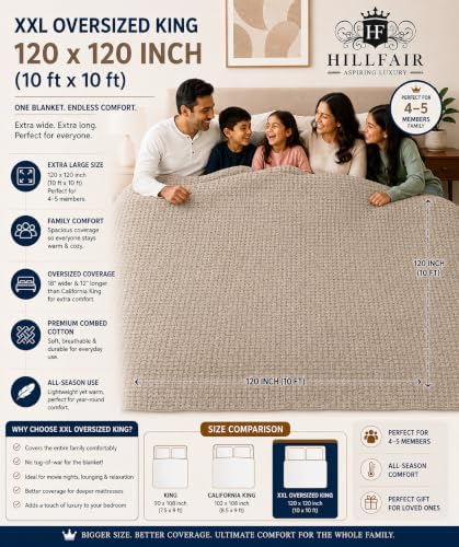 HILLFAIR 100% Cotton Blanket- 120" x 120" XXL Oversized King Bed Blankets - Family Size 10 ft x 10 ft Big - All Season Soft Cozy Breathable Blankets for Bed - Extra Large King Cotton Blanket- Sand - Image 2
