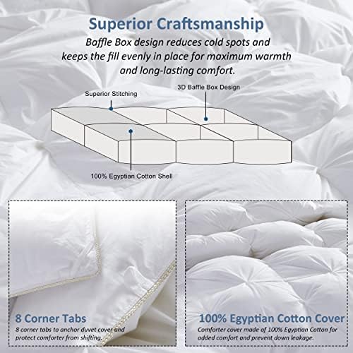 Luxurious Goose Down Feather Fiber Comforter Duvet Insert, Exquisite Pinch Pleat White Design, Oversize Palatial King White 120 x 98, Premium Baffle Box 100% Egyptian Cotton, 80 oz Fill Weight - Image 6
