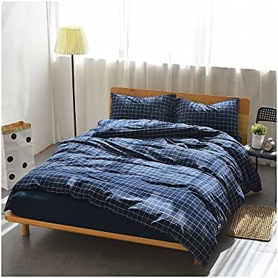 F.Y.Dreams 100% Washed Cotton Duvet Cover for Weighted Blanket 60x80 inches with 16 Ties, Zipper on Long Side/Navy Grid/Just Duvet Cover by FYDreams