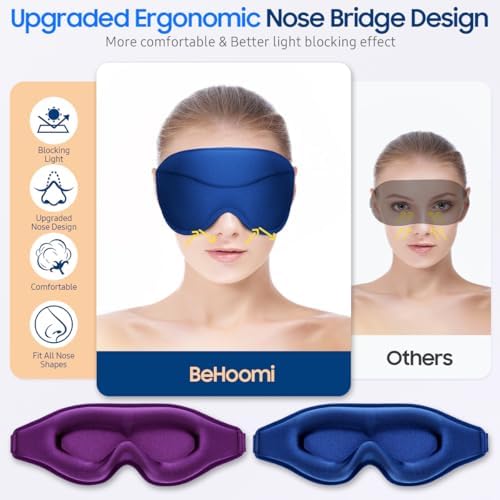 BeHoomi Sleep Mask, 2 Packs Premium Eye Mask for Sleeping, Total Blackout, Superior Soft Comfort, Upgraded 3D Ergonomic Designed Sleeping Mask for Home, Office, Travel, Meditation, Yoga, Blue & Purple - Image 2