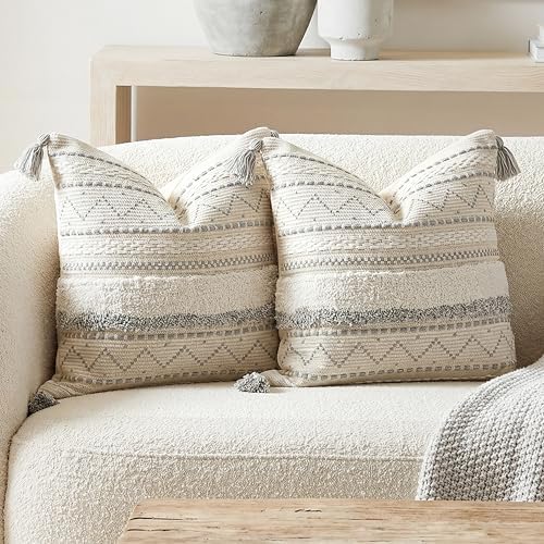 BlissBlush Gray Decorative Throw Pillow Covers 18X18 Combo Set of 2 Square Boho Neutral Grey Accent Pillowcase Tassels Farmhouse Cushion for Couch Sofa Bedroom Living Room Home Décor Cover ONLY by BlissBlush