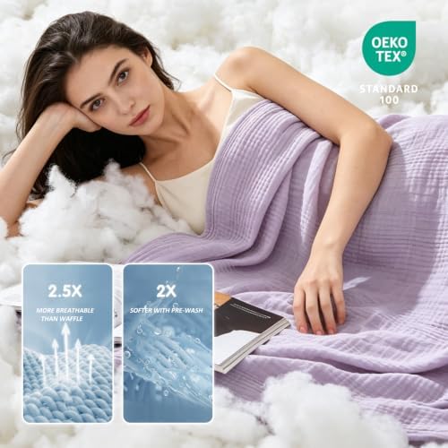 EMME Cotton Muslin King Blanket Bed Layering Bedspread Coverlet Breathable Gauze Soft Lightweight (Heather Lavender, 108"x90") - Image 3