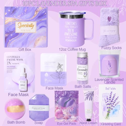 Lavender Spa Gift Baskets for Women - 10 Pcs Happy Birthday Gifts for Women, Unique Relaxation Spa Gift Christmas Ideas Relaxing, Valentine's Day Self-Care Gift Basket for Mom, Wife, Girlfriend - Image 3