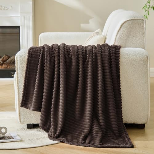 Bnuitland Brown Fleece Throw Blanket for Couch, 300GSM Soft Warm Cozy Fluffy Throw for Adults & Kids, Stripe Pattern 50"x60", All Season Sofa Bed Blanket for Home Decor - Image 2