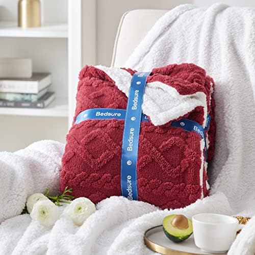 Bedsure Sherpa Fleece Blanket, Cable Jacquard Tufted, Warm, Red, King - Image 5