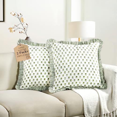 CPC Lotus Meadow Hand Block Print 100% Cotton Ruffle Throw Pillow Cover 24x24 inch with Hidden Zipper Decorative for Couch, Bed, Sofa, Farmhouse, Cottagecore Decor Gift Christmas Fall Thanksgiving by COTTONPRINTCLUB