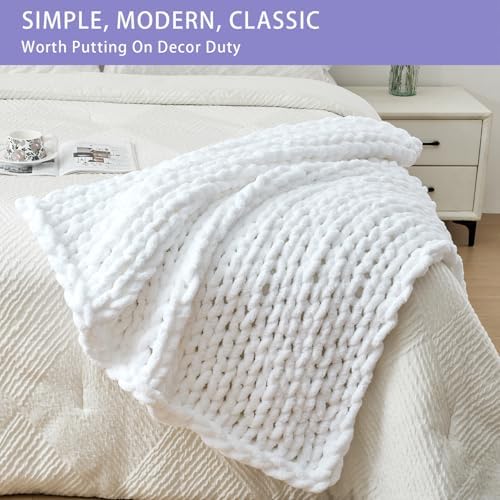 Bigacogo Chunky Knit Throw Blanket for Couch, 40x40 inches, Pure White - Image 3