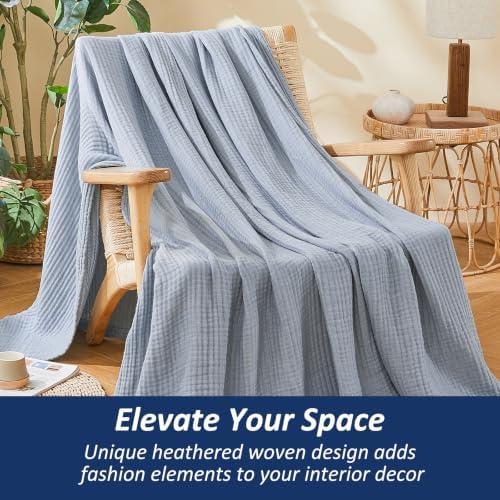EMME Cotton Muslin Large Throw Blanket Couch Breathable Gauze Soft Lightweight Bed Blankets Adults (Heather Dusty Blue, 50"x70") - Image 4