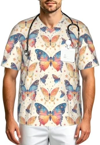 Men's Scrub Top,V-Neck Spill Wrinkle Resistant,3 Pockets-Butterfly Aesthetic (10) by Unknown