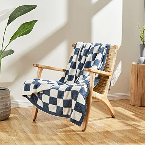 CozeCube Dusty Blue White Reversible Checkered Knit Throw Blanket 50"x60" - Image 2
