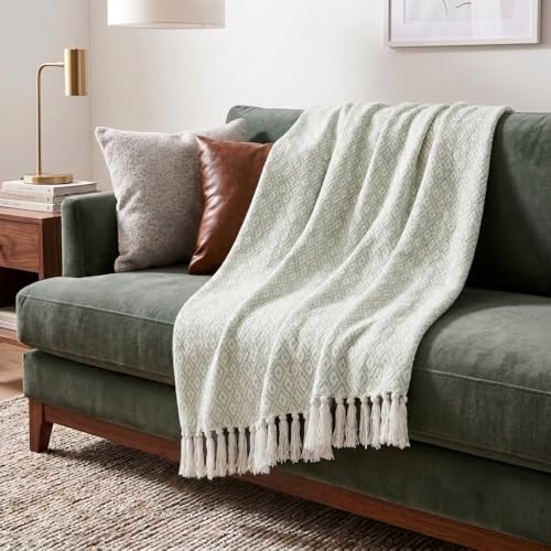 Americanflat 50x60 Throw Blanket - Soft and Breathable Cotton Throw Blanket for Couch, Bed, Chair - Decorative Blankets Perfect for Home or Outdoor Use - Light Green and White Mini Diamond Design by Americanflat