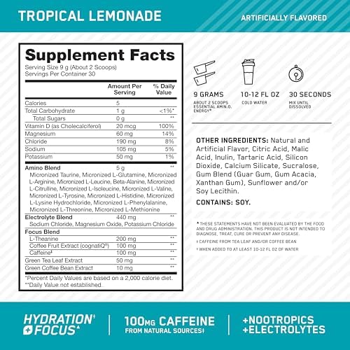 Optimum Nutrition Amino Energy Powder Plus Focus, Tropical Lemonade, 9.5 Oz - Image 2