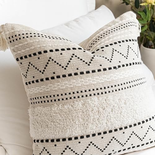 BlissBlush 18X18 Throw Pillow Cover, Cream Neutral Square Decorative Cushion Cover with Black Pattern, Boho Accent Pillowcase with Tufted Details and Tassels for Couch Sofa Living Room (Cover Only) - Image 7