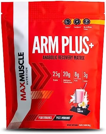 Max Muscle Arm Plus+ Anabolic Recovery Matrix | 25g Protein, 8g Bcaas, 3g Creatine Monohydrate | Whey Protein, Amino Acid, Antioxidants, Glutamine, Electrolyte Complex (Fruit Smoothie, 2.54 lb) by MaxMuscleNutrition