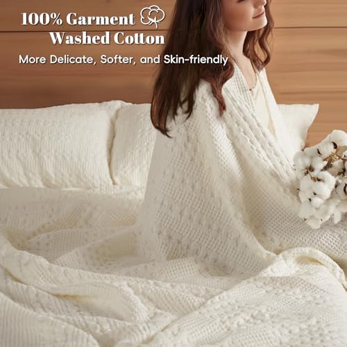 PHF Lightweight 100% Cotton Waffle Blanket, Oversized King, Ivory - Image 3