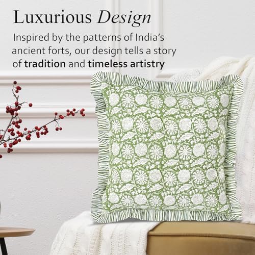 CPC Olive Bloom Hand Block Print 100% Cotton Ruffle Throw Pillow Cover 20x20 inch with Hidden Zipper Decorative for Couch, Bed, Sofa, Farmhouse, Cottagecore Decor Gift Christmas Fall Thanksgiving - Image 3