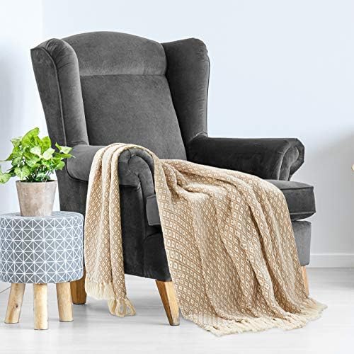 Americanflat 50x60 Throw Blanket - Soft and Breathable Cotton Throw Blanket for Couch, Bed, Chair - Decorative Blankets Perfect for Home, Office, or Outdoor Use - Khaki and White Mini Diamond Design - Image 6
