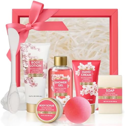 Gifts for Women 8pcs Cherry Blossom Spa Set, Bath and Body Self Care Gift by BODYEARTH