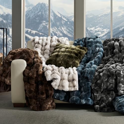 EverGrace Faux Rabbit Fur Bubble Throw Blanket, 60"x80", Marble Deep Indigo - Image 7