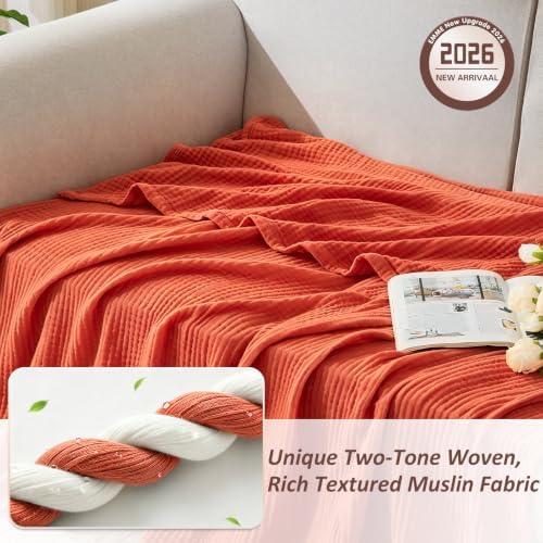 EMME Cotton Muslin Queen Blanket Bed Layering Bedspread Coverlet Breathable Gauze Soft Lightweight Adults (Heather Orange Rust, 90"x90") - Image 2