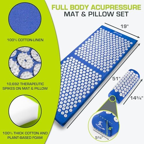 ProsourceFit Acupressure Mat and Pillow Set for Back/Neck Pain Relief and Muscle Relaxation, XL - Blue/White - Image 2