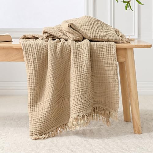 Esterra Muslin Throw Blanket 50x65 Inches Cozy Soft Lightweight Pre-Washed Cotton Blanket, All Season Breathable 4-Layer Gauze Blanket Throw for Sofa Couch Bed, Curds&Whey by Esterra