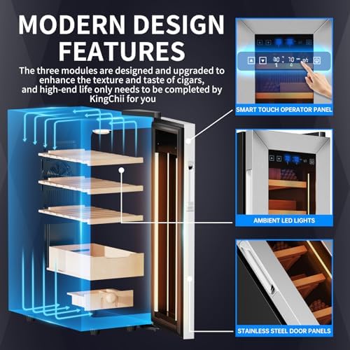 KingChii Upgrade 35L Electric Temperature & Humidity Control Cigar Humidor, Built-in Humidification System with Spanish Cedar Wood Shelves & Drawer Hygrometer Gifts For Men(250 Capacity) - Image 3