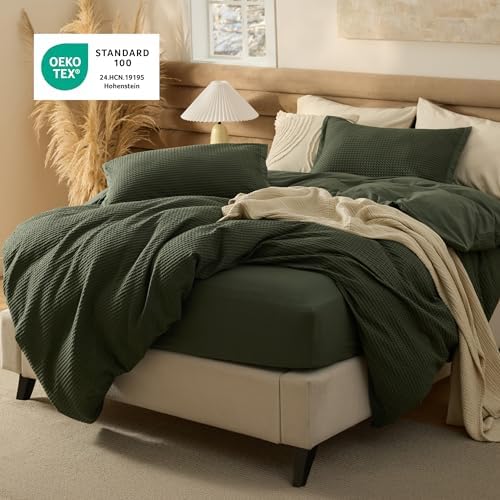 Bedsure PureWoven Cotton Waffle Duvet Cover Set with Fitted Sheet, Queen - Image 3