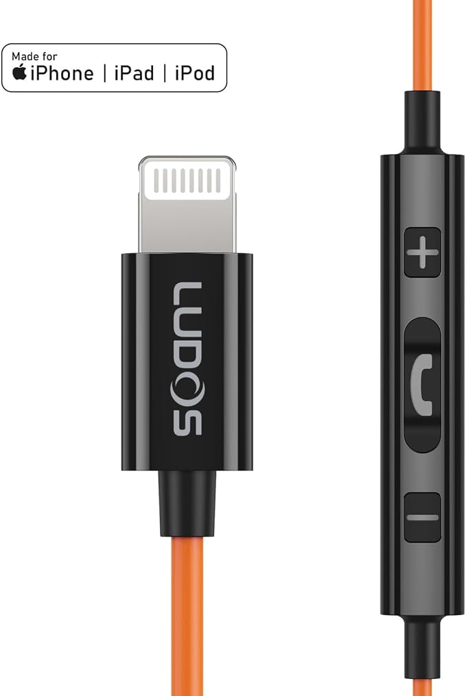 LUDOS Ultra iPhone Wired Headphones Earbuds Earphones with Lightning Connector Apple MFi Certified, 5 Years Warranty, for iPhone 14 13 12 11 Pro Max X XS XR 8 7 Plus with Microphone Control - Orange - Image 7