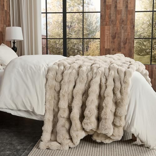 Lotus Karen Faux Fur Throw Blanket Linen - 800 GSM Bubble Rabbit Fluff Blanket for Couch Bed Sofa,Softest Fluffy Fuzzy Cozy Blanket,Thick Furry Plush Shaggy Warm Blankets for Women,108x90 Inches - Image 4