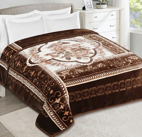Nestl 12 Lbs Velvet Fleece Blanket for Winter - 2 Ply Heavy & Warm Korean Style Bed Blanket - Reversible Printed Raschel King Size Blanket - Wrinkle & Fade Resistant - 87 x 94 Inches - Brown by Nestl