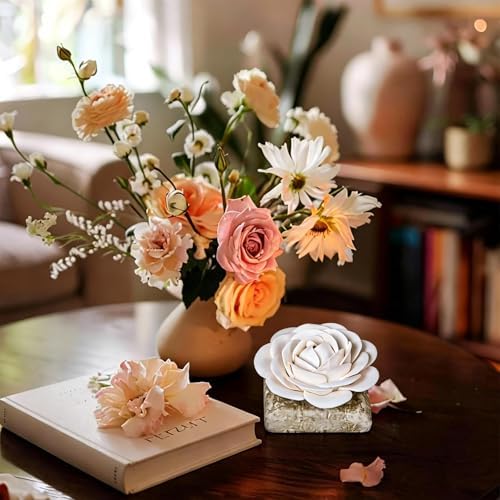 Ceramic Passive Essential Oil Diffuser, Aesthetic Desktop Handmade Flower & Concrete Base, Porcelain Aromatherapy Oils Diffuser for Home, Office, Yoga, Spa Room (White Camellia) - Image 2