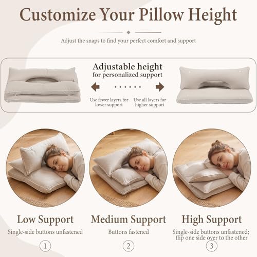 Yookeer 2 in 1 Cervical Neck Pillow for Sleeping 26 x 17 Inch Adjustable Gray Cotton Ergonomic Pillow with Snap Buttons Neck Support Supplies Ear Pressure Relief for Side Back Stomach Sleeper - Image 3