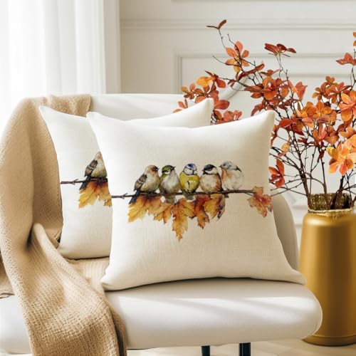RABUSOFA Fall Pillow Covers 18x18 Inch Watercolor Bird Autumn Decorations for Home Outdoor Thanksgiving Decor Maple Leaf Decorative Throw Pillow Cases Farmhouse for Couch Sofa - Image 3