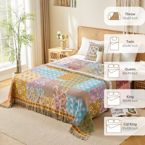 VANJOROY Boho Throw Blanket, 100% Organic Cotton Breathable Skin-Friendly Ultra Soft 60" x 80" Bed Quilt Patchwork Throw - Floral Rustic Luxury Reversible Blanket for Sofa Couch Chair and Gift, - Image 5