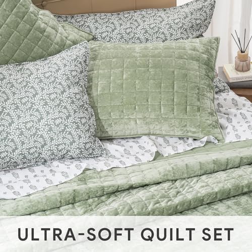 RECYCO Channel Box Stitch Velvet Quilt Set, King Size, Sage Green - Image 4