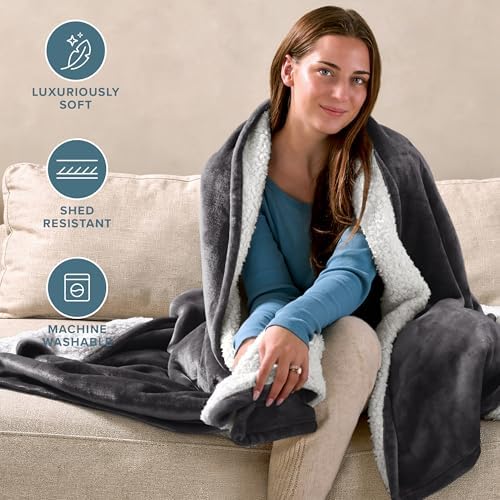 Bare Home Sherpa Fleece Blanket (Throw, Forged Iron Grey) - Image 3