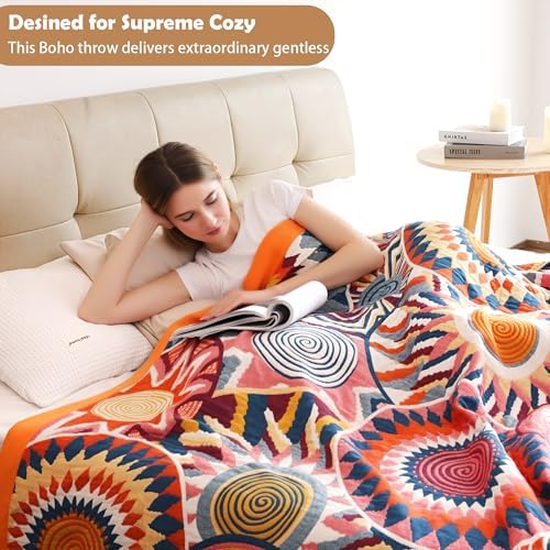 VANJOROY Boho Throw Blanket, 100% Organic Muslin Cotton Skin-Friendly Breathable Ultra Soft Bed Quilt Throw - All Season Decor Colorful Blanket for Sofa Couch Chair and Gift. 91" x 108" - Image 4