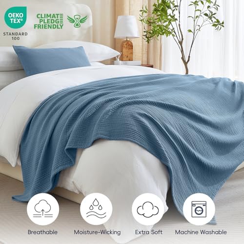 PHF 100% Cotton Muslin Blanket Queen Size 90"x90", 4-Layer Lightweight Gauze Throw, Breathable Cloud-Soft Minimalist Blanket for Bed, Couch, Camping & Baby, Denim Blue, Ideal Gift - Image 5